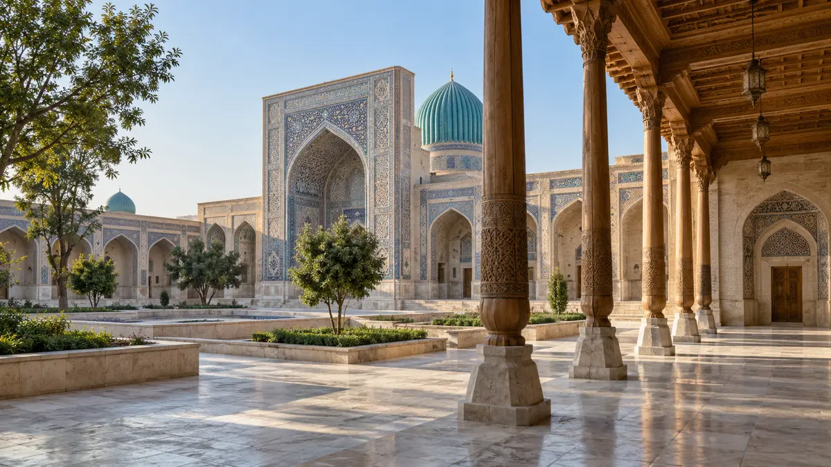 Islamic courtyard with a shaded columned iwan
