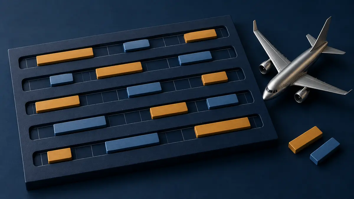 Планирование загрузки авиационного сервиса Планировочная доска с блоками бронирований и моделью самолёта