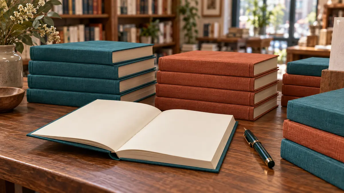 Books prepared for an author event Stacks of books and a pen beside an open flyleaf