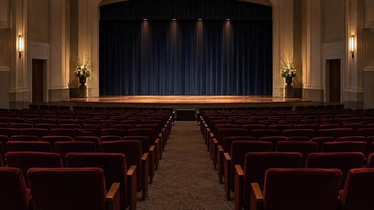 Empty concert hall with a blue stage curtain