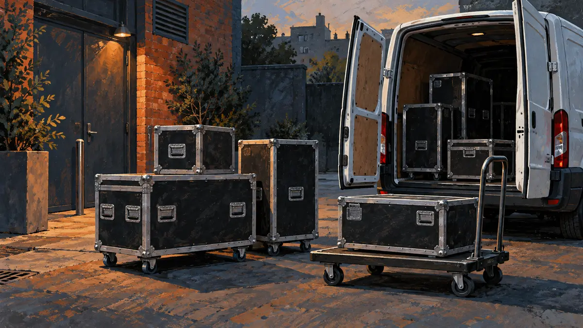 Equipment cases beside a delivery van
