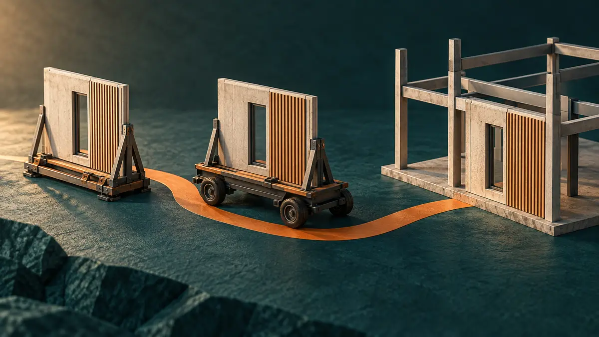 From factory to building site Wall panels, a transport cradle and a building frame