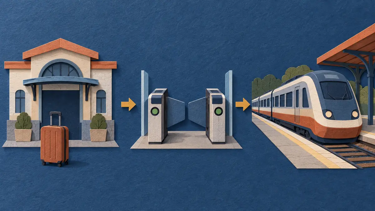 From station entrance to train Station entrance, departure gate and passenger train
