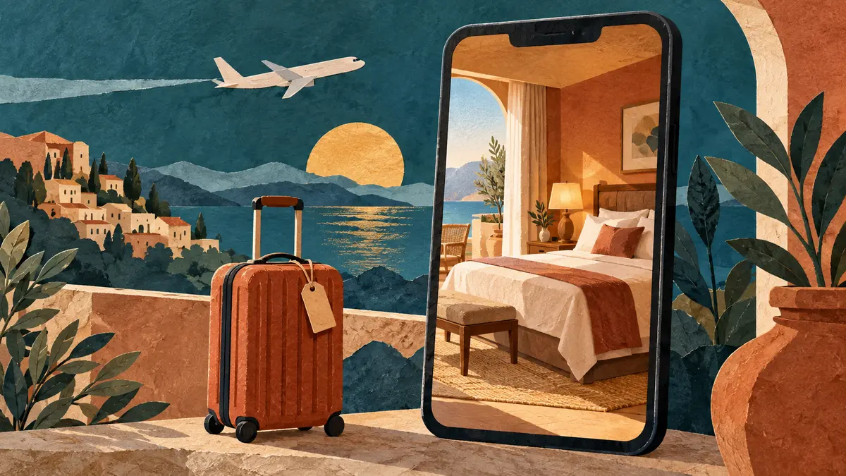 Suitcase and hotel room framed by a smartphone