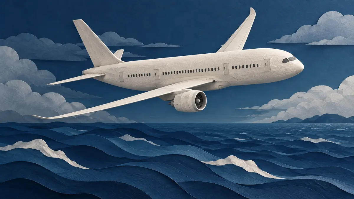 Passenger aircraft above ocean waves and clouds
