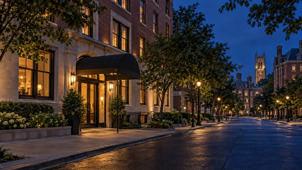 University-town hotel at dusk Hotel entrance on a university-town street