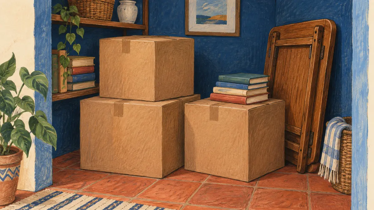 Cardboard boxes, books and a folded wooden table