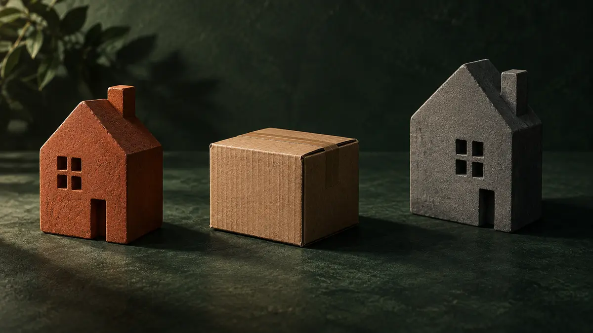 Two house shapes and a cardboard box