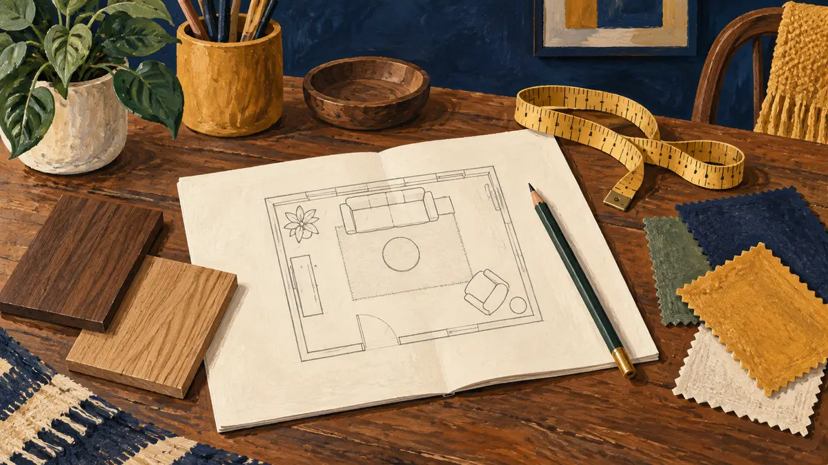 Room sketch, measuring tape and material samples