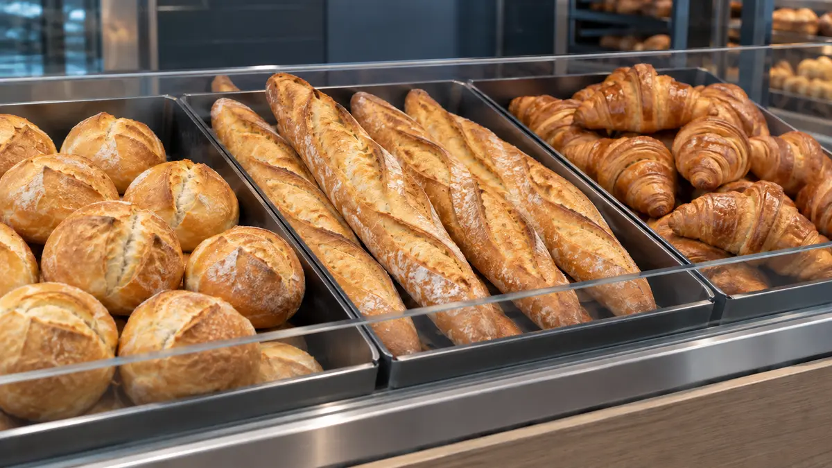 Bread rolls, baguettes and croissants in a bakery display