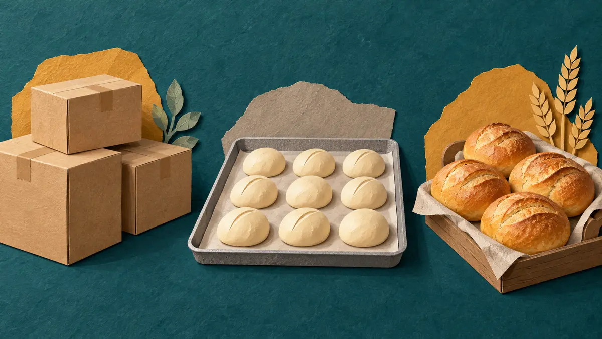 Delivery cartons, dough pieces and finished bread rolls