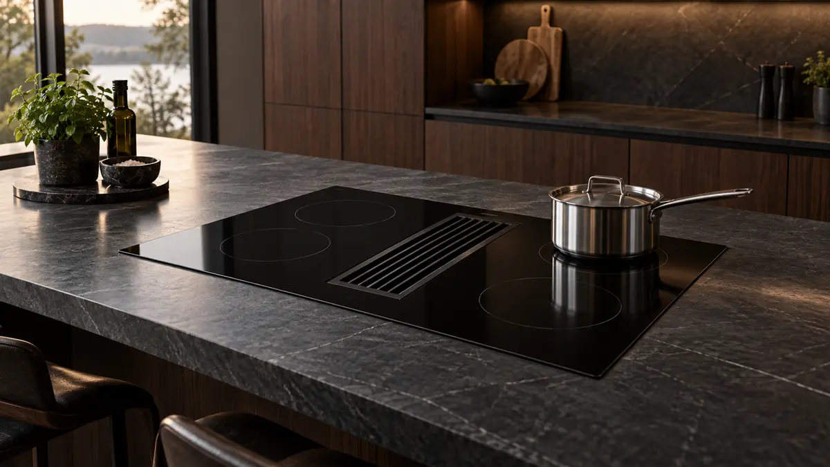 Induction cooktop with a central extraction inlet in a dark kitchen island