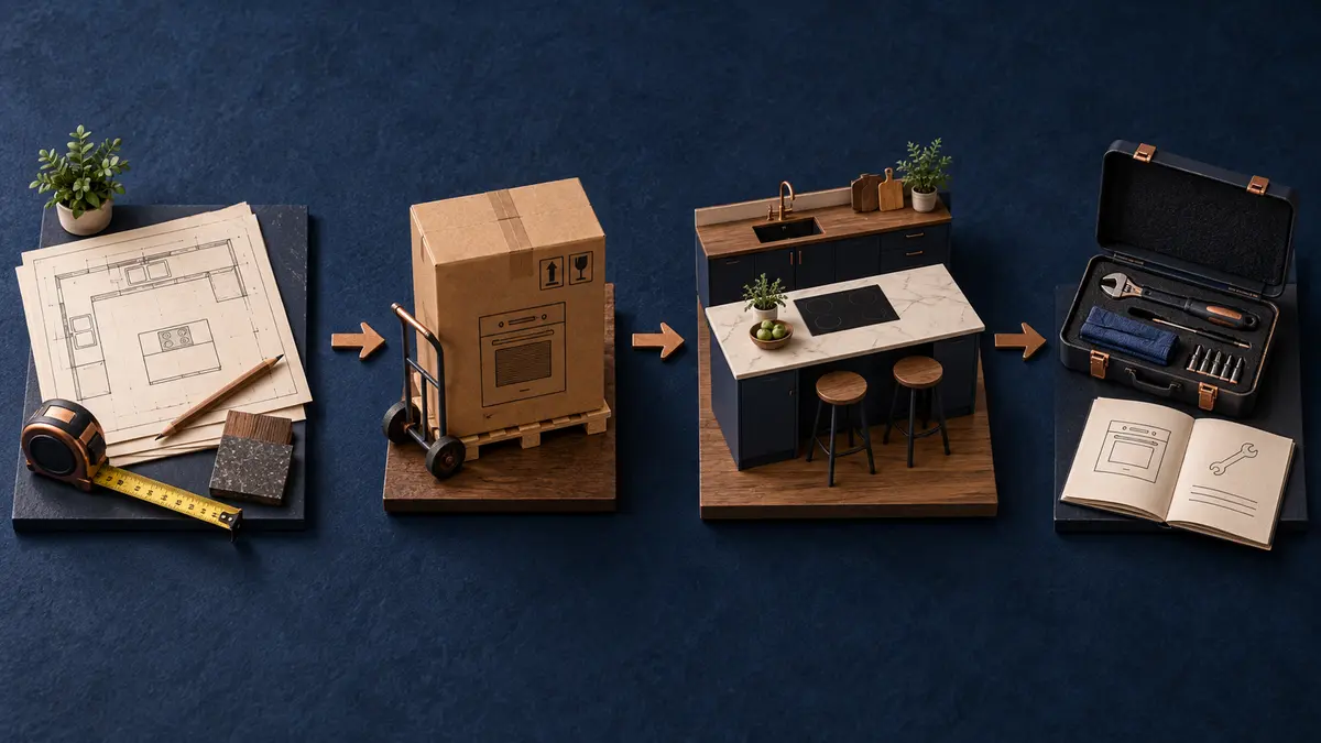 Four miniature stages connect kitchen planning, appliance delivery, a fitted kitchen and service support