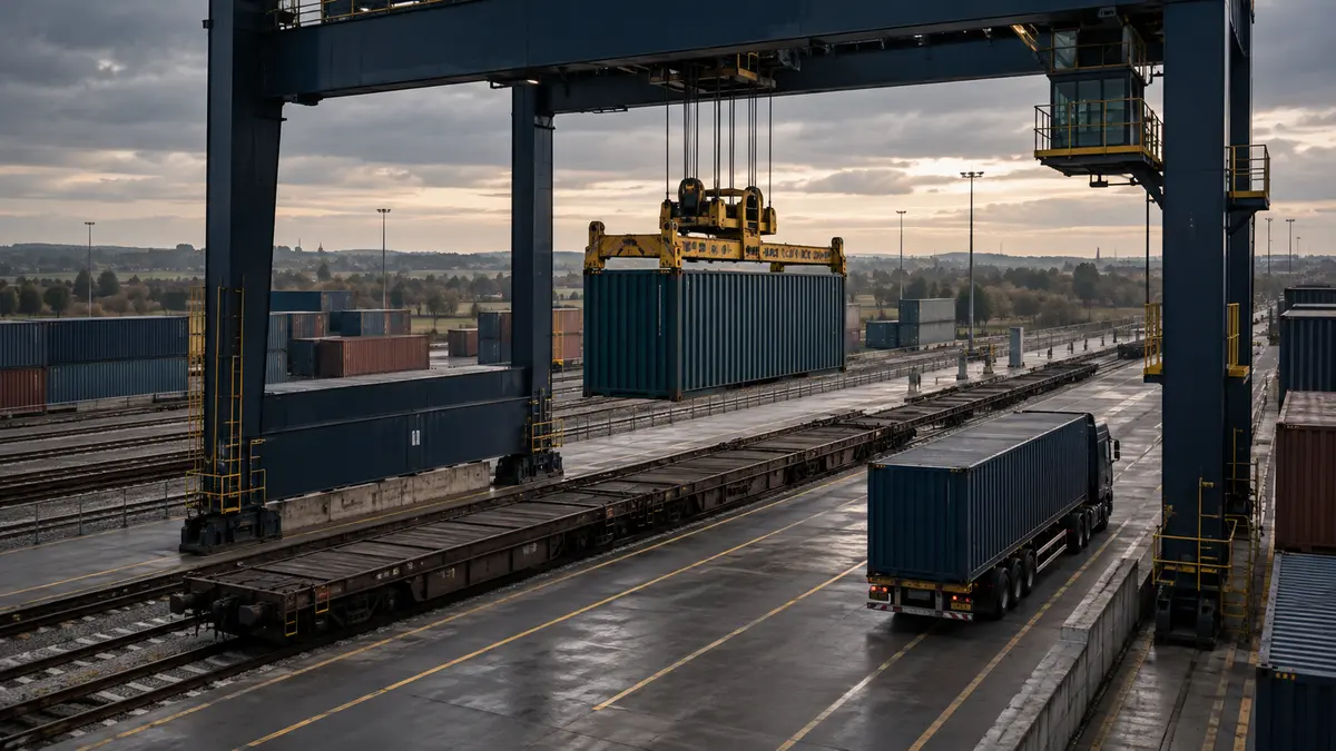Container transfer above a railway wagon