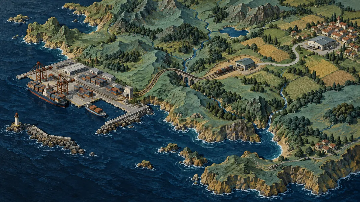 Coastal port linked to an inland terminal and warehouse