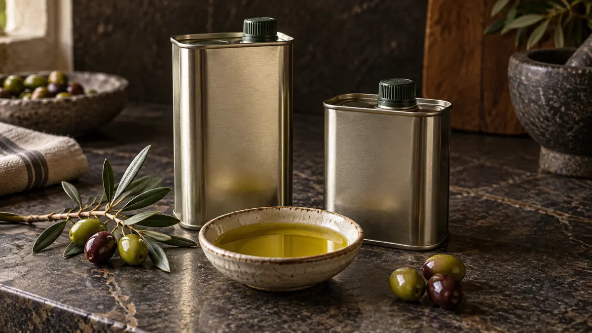 Metal olive oil tins beside a dish of oil and olives