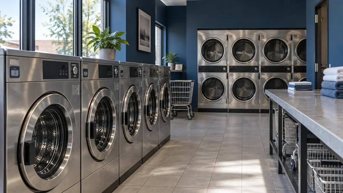 Laundry equipment and workspace Washing machines, dryers and a folding counter