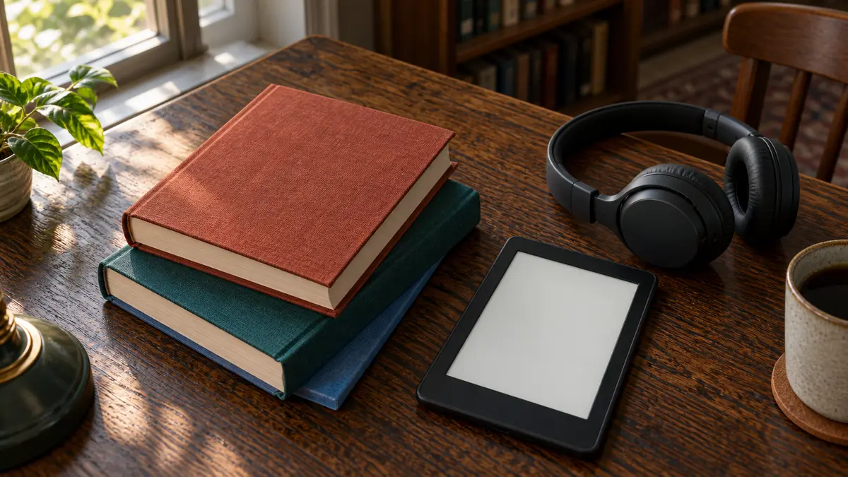 Бумажные и электронные книги Книги, электронная книга и наушники на библиотечном столе
