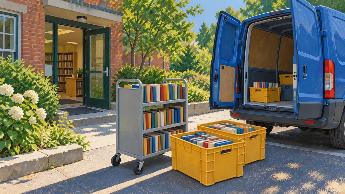 Book crates and a cart beside a delivery van