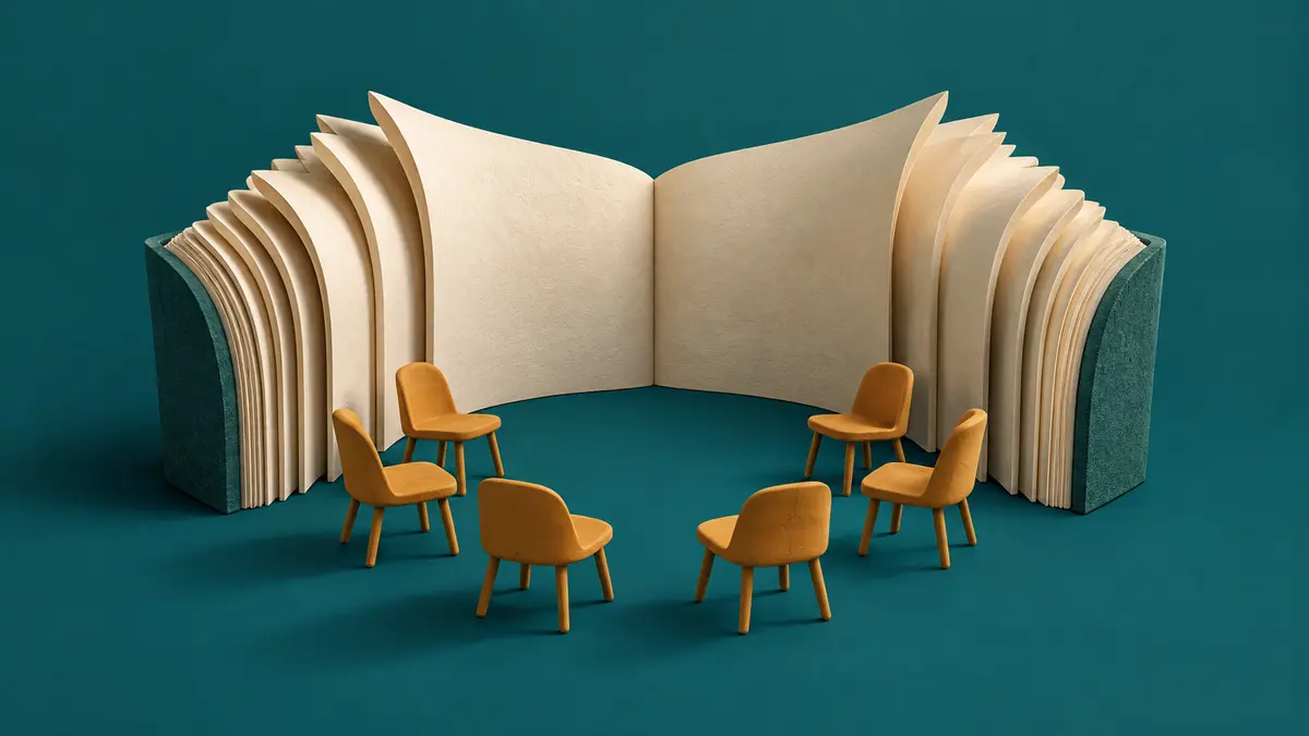 Open book and chairs for a literary meeting
