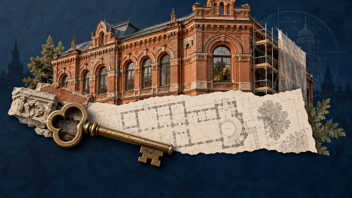 Реставрация и использование здания Исторический кирпичный фасад, план и латунный ключ