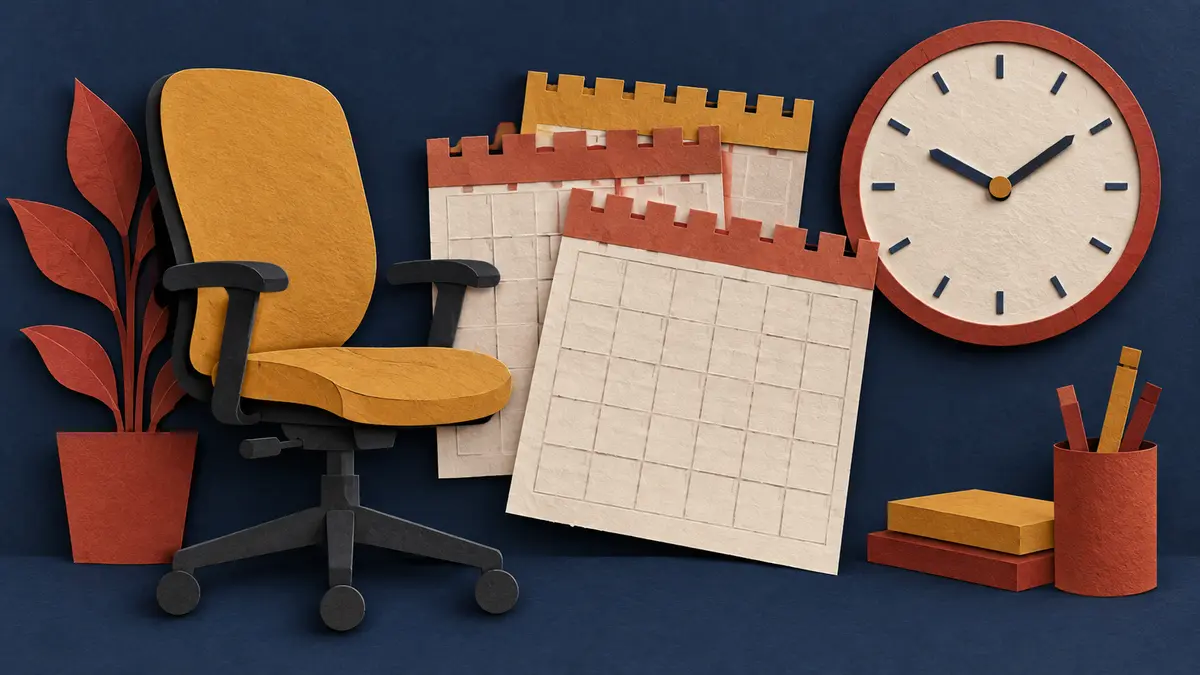 Workspace and working time Office chair, calendar sheets and a clock