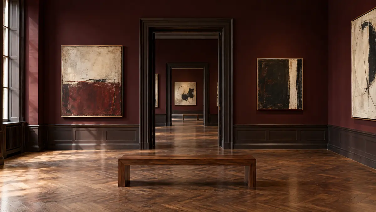 Museum gallery with a wooden bench and connecting doorways