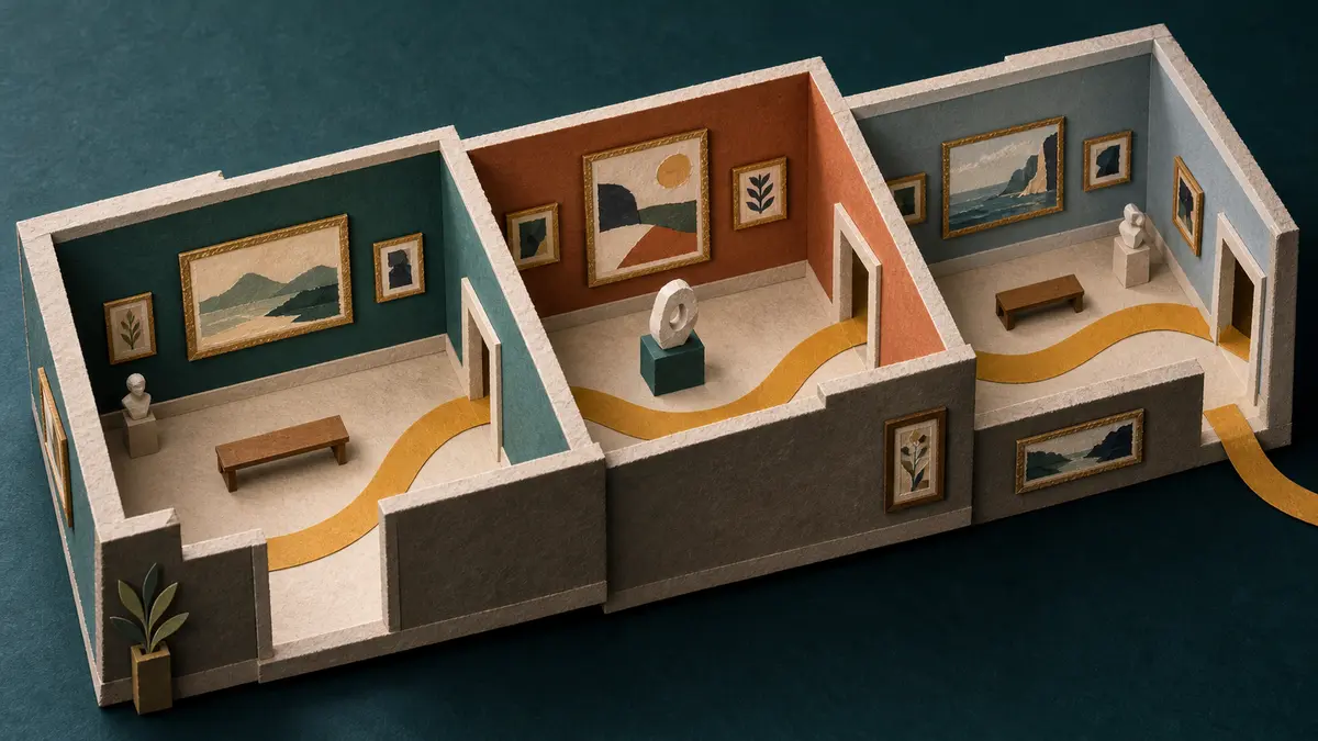 Connected museum rooms with a visitor route