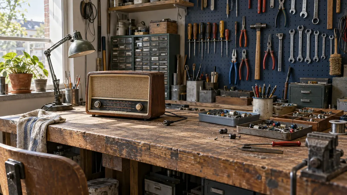 An electrical repair workshop Radio and spare parts on a repair workbench