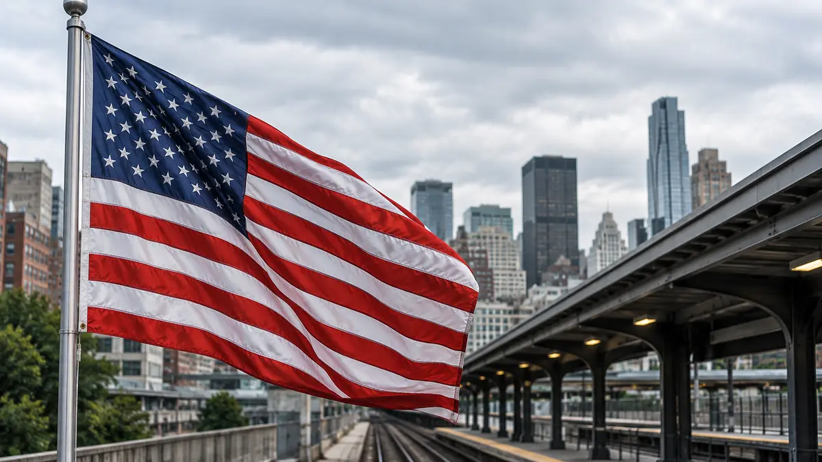 Urban rail infrastructure in the United States American flag beside urban railway platforms