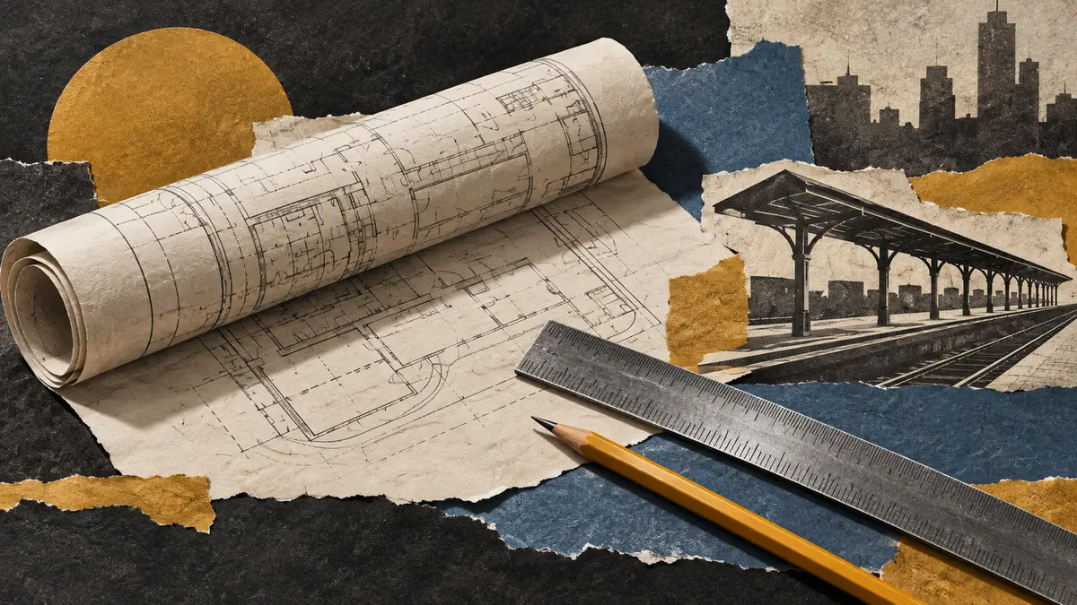 Preparing a railway redevelopment project Architectural drawings, a ruler and a railway platform motif