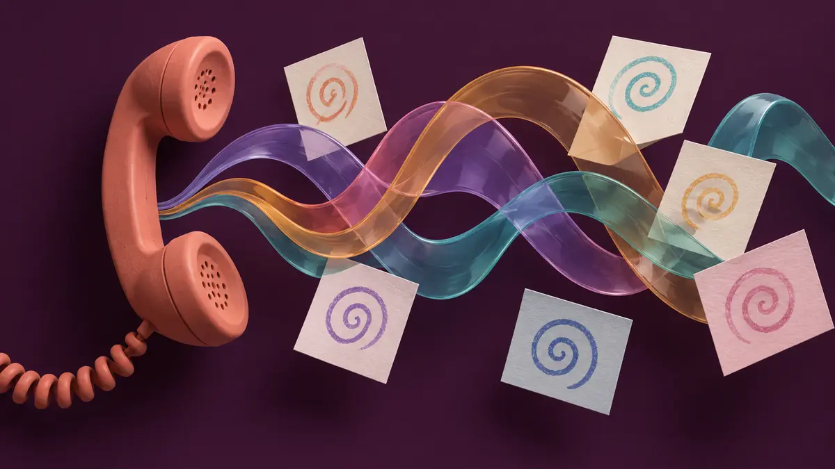 Telephone receiver, coloured ribbons and drawings