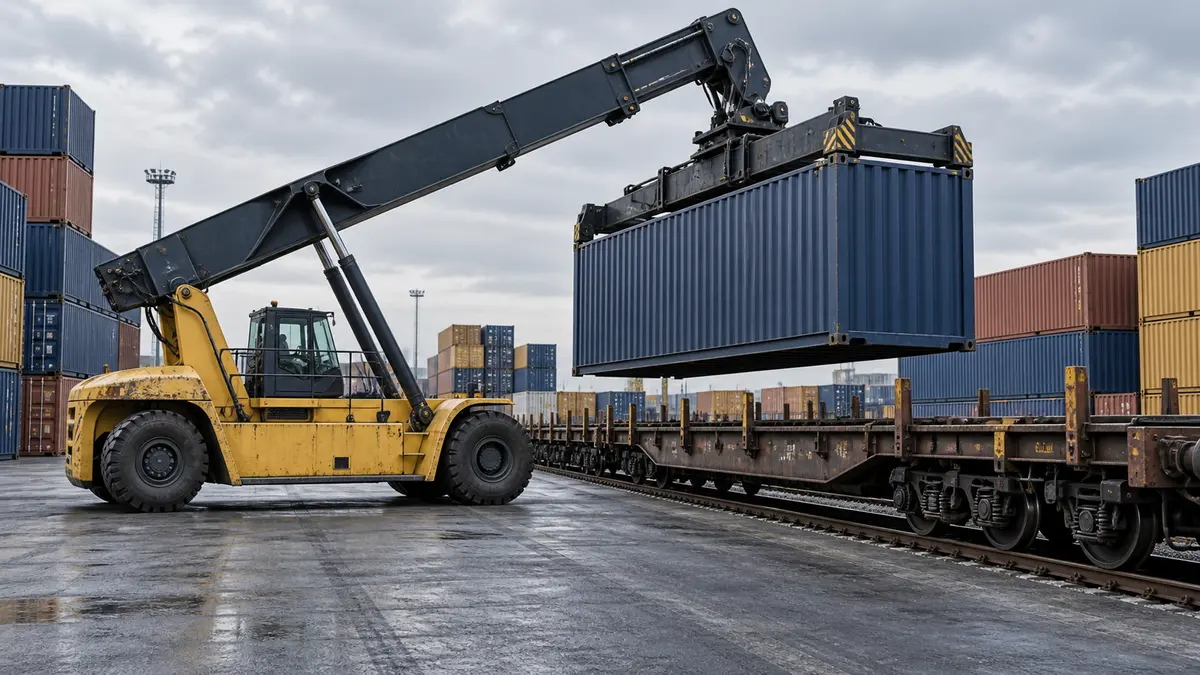 Container handling at a freight terminal Reach stacker lifting a container beside a railway wagon