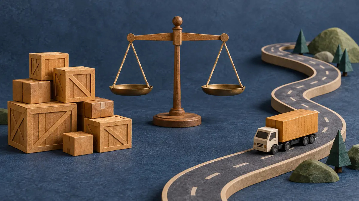Freight mass and travel distance Cargo crates, a balance scale and a model truck on a road