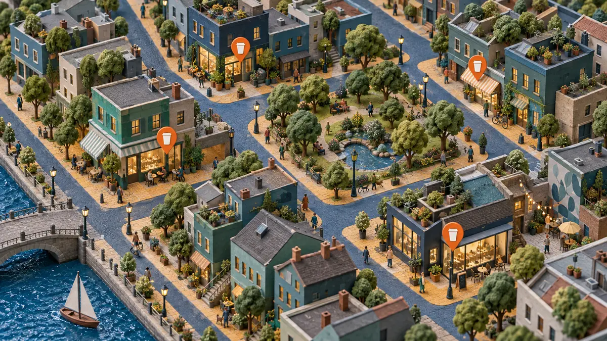 Neighbourhood collection points for reusable packaging A fictional miniature neighbourhood map marks distributed takeaway-container return points among shops and homes