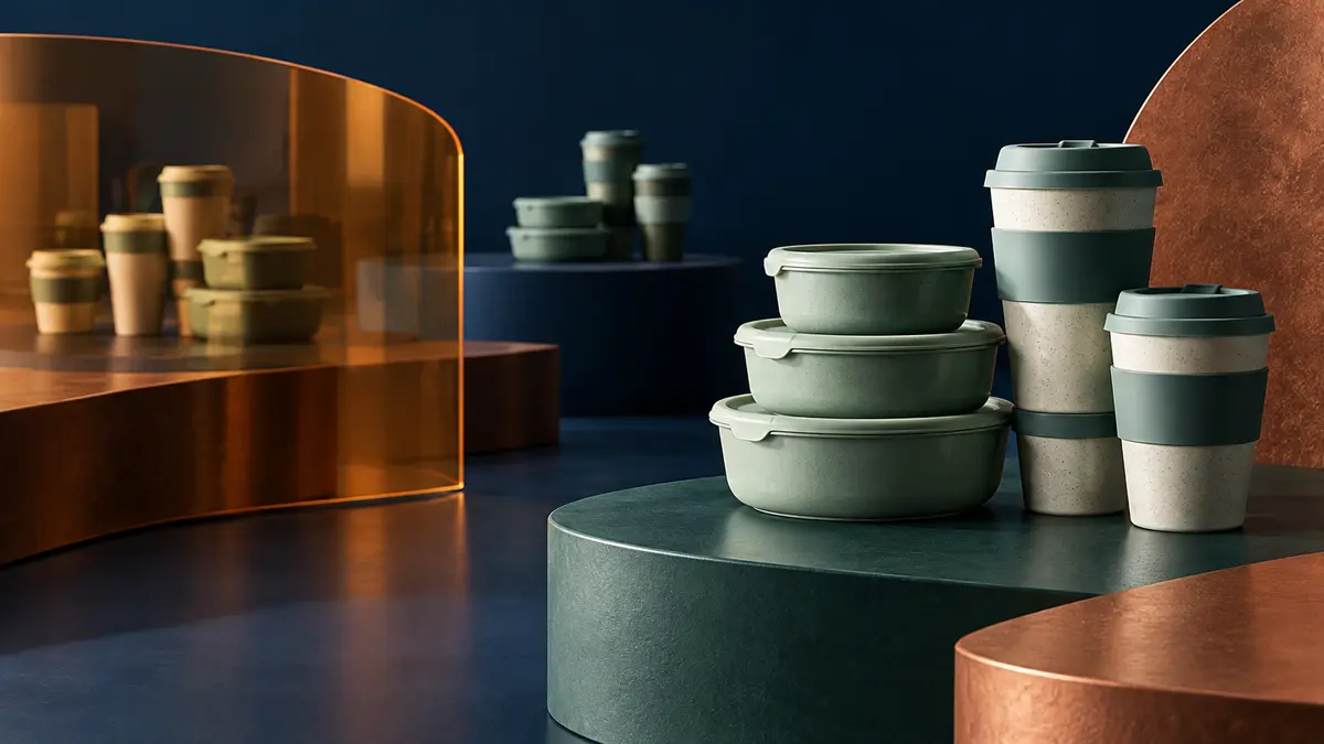 Available packaging and packaging still in circulation are different stocks Conceptual groups of reusable cups and containers separated by curved platforms and translucent layers