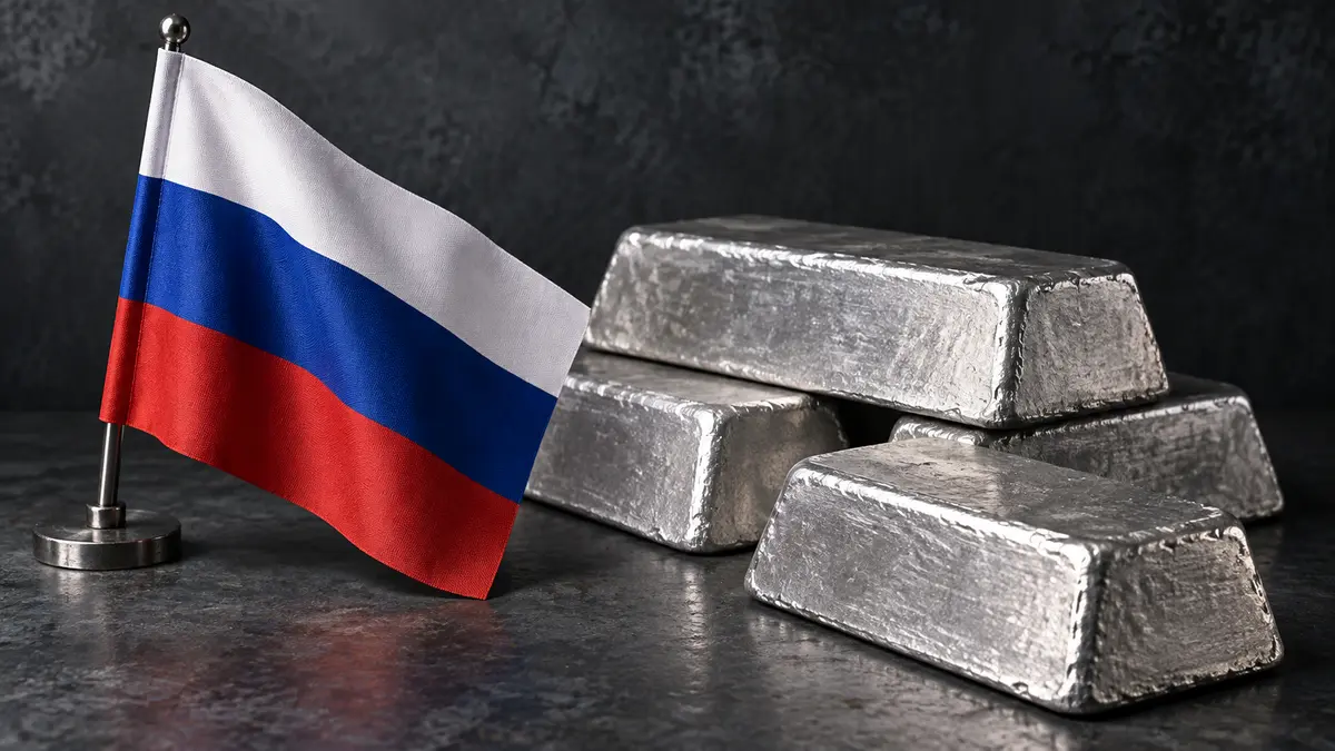 Russian flag beside aluminium ingots