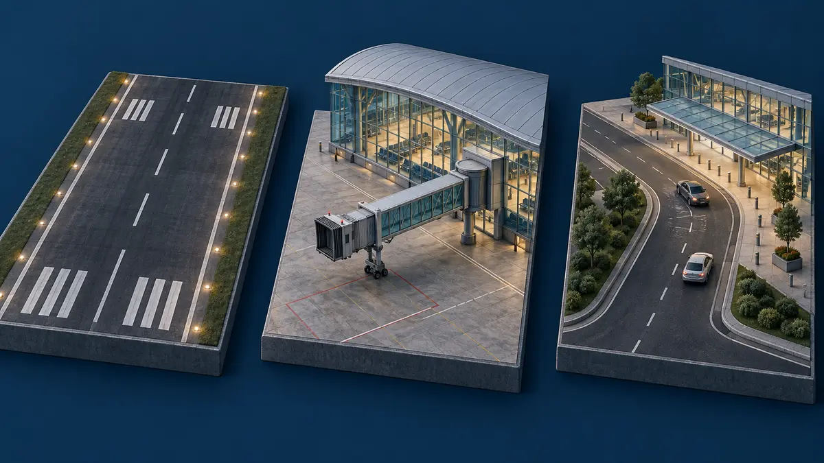 Airport infrastructure Runway, passenger terminal and airport access road