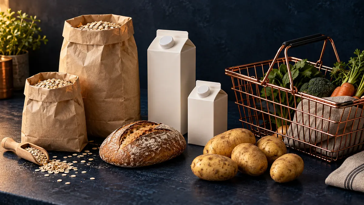 Grocery packages in different sizes beside bread, potatoes and a shopping basket