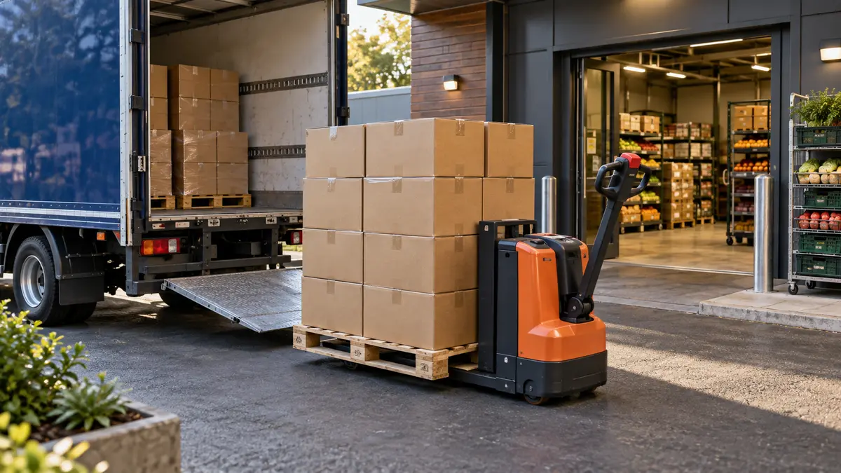 Pallet truck with grocery cartons beside a delivery vehicle and shop loading entrance