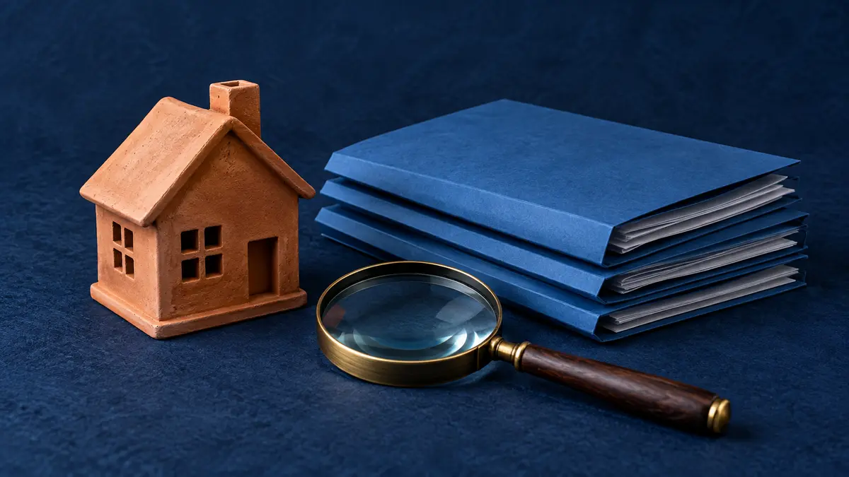 House model, document folders and magnifying glass