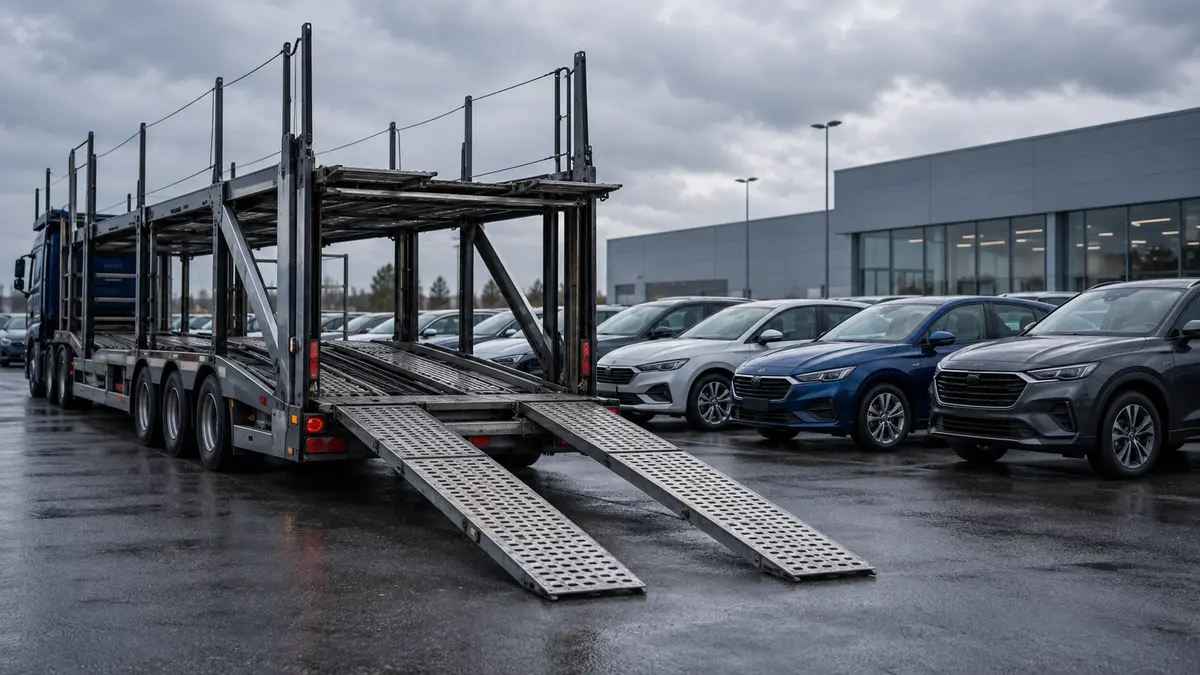 Площадка доставки автомобилей Автовоз и припаркованные легковые автомобили