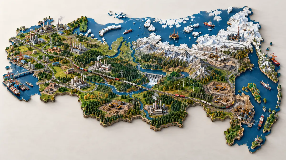 A tactile map of a large northern Eurasian country distributes ports, railways, power, factories and construction across unequal regional zones