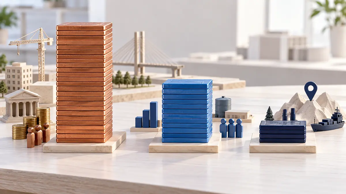 Three separate groups of copper, blue and navy physical blocks represent large, medium and small shares of regional investment attractiveness