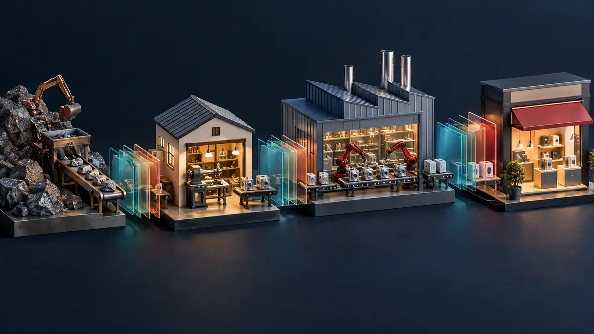 Tax costs and deductions affect several stages of a supplier chain Miniature suppliers, workshop, factory and retailer connected by production lines and translucent layers representing value added