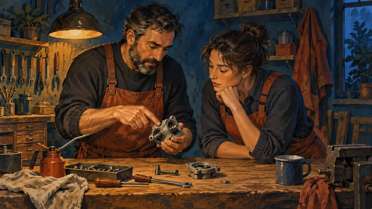 Painted illustration of an experienced workshop employee explaining a mechanical component to an adult colleague