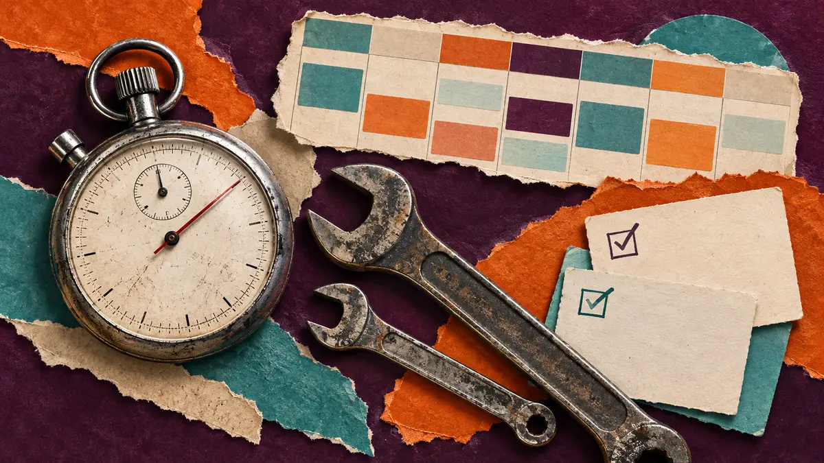 Paper collage combining a stopwatch, workshop spanners, blank task cards and a coloured schedule
