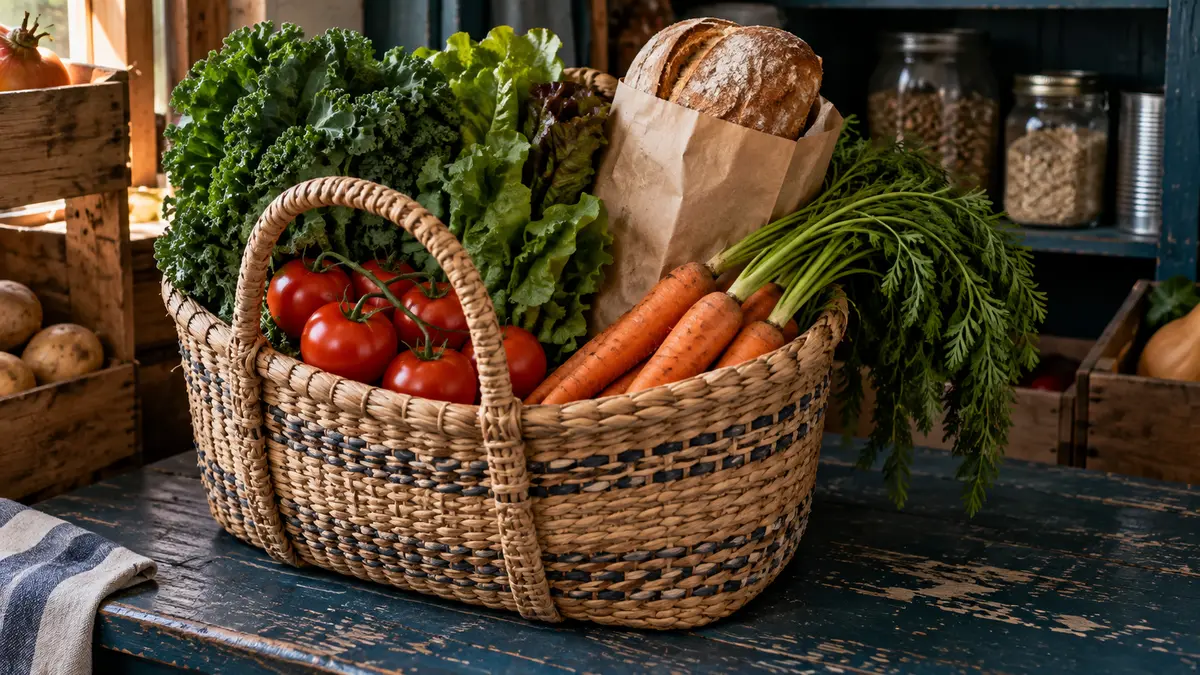 Food for community distribution Basket of vegetables and bread