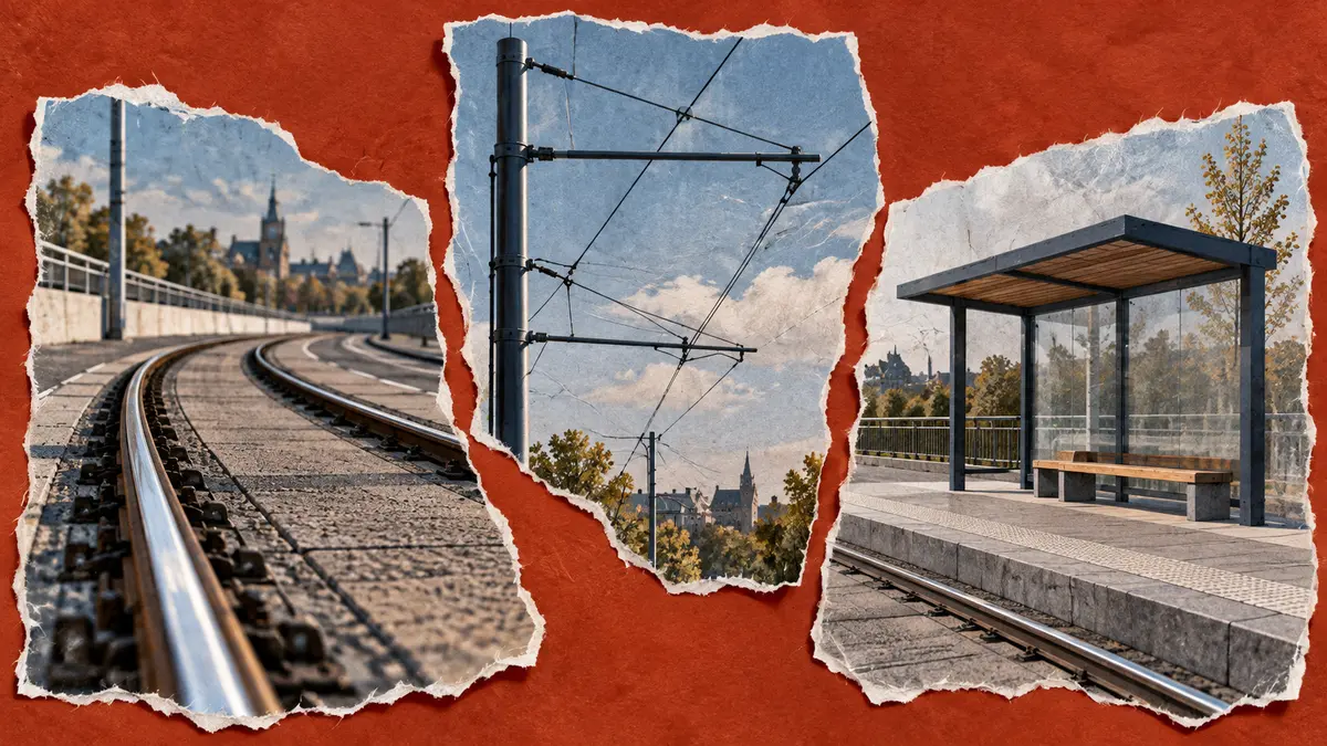 Tram rails, overhead wires and a passenger shelter