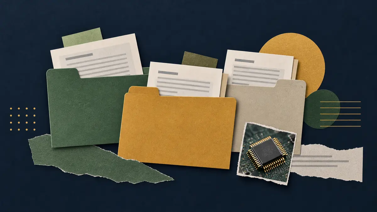 Technology in corporate lending Application folders, documents and a microchip